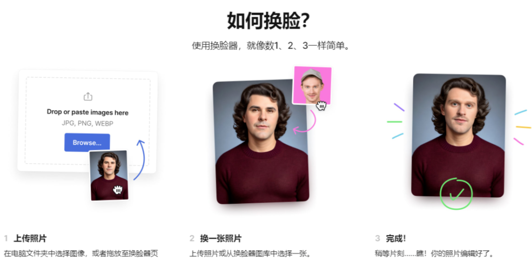 Face Swapper 免费AI在线换脸工具,支持照片一键换脸插图2 Face Swapper – 免费AI在线换脸工具,支持照片一键换脸