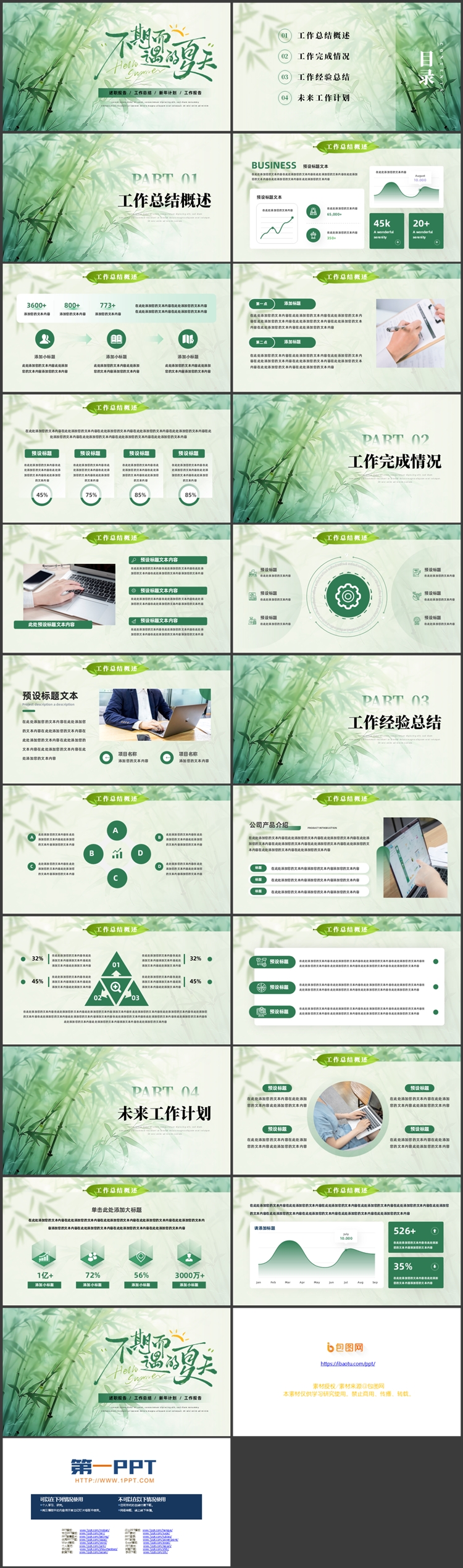 绿色水墨竹子背景“不期而遇的夏天”中国风商务汇报PPT模板