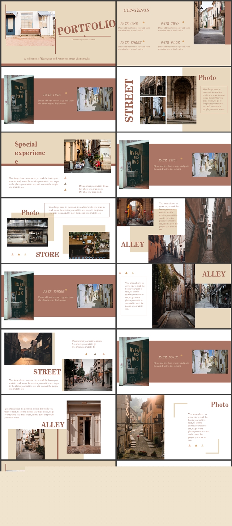 褐色复古文艺风欧美艺术画册PPT模板