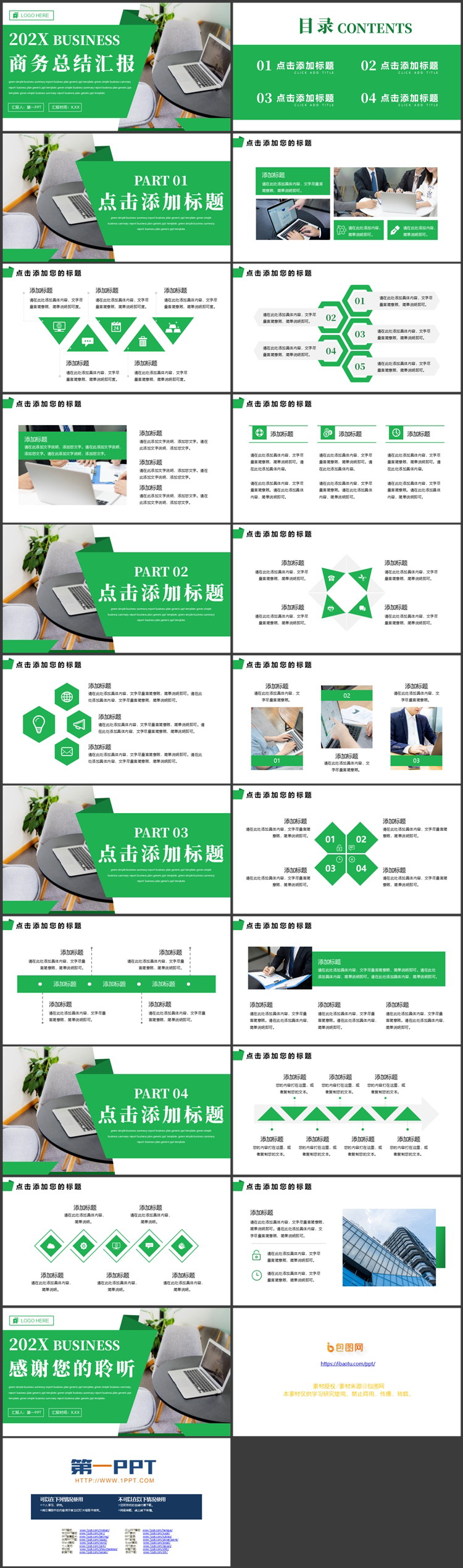 绿色办公电脑背景商务总结汇报PPT模板