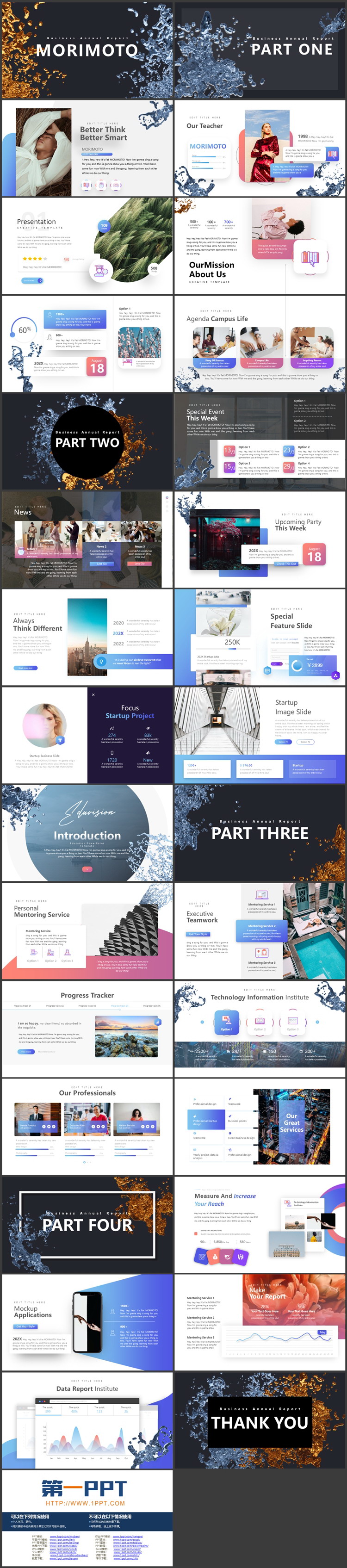 蓝金配色液态水滴背景欧美商务汇报PPT模板