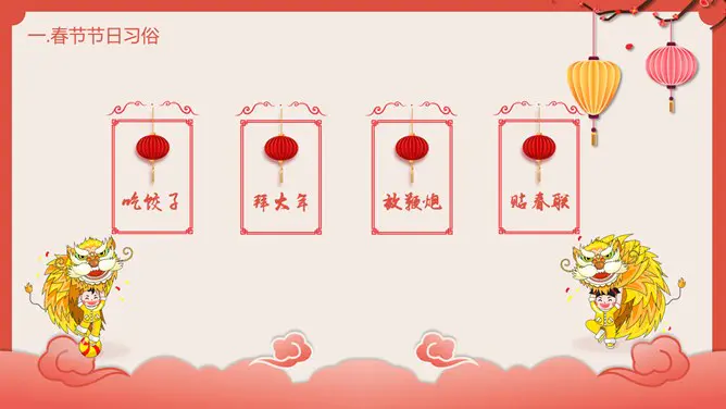 喜庆灯笼春节传统习俗介绍PPT模板-辞旧迎新 恭贺新春