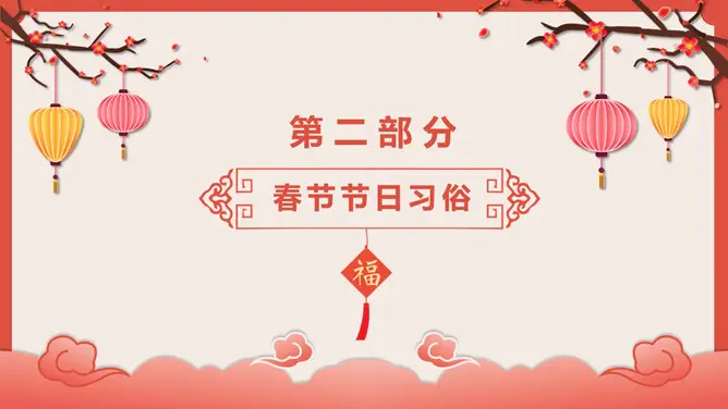 喜庆灯笼春节传统习俗介绍PPT模板-辞旧迎新 恭贺新春