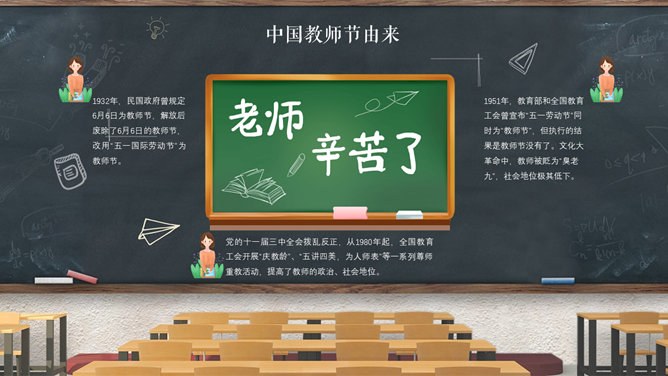 教室黑板教师节PPT模板-感念师恩 桃李芬芳